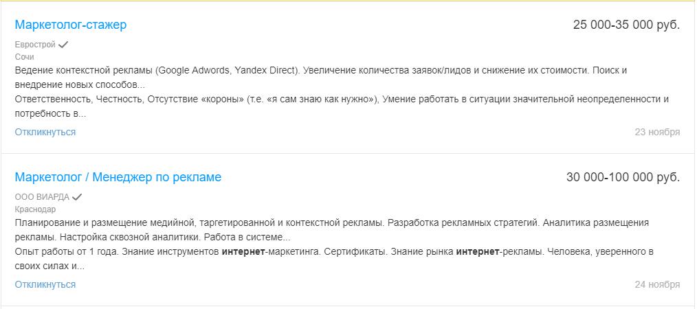 Вакансии Интернет-маркетологов стажеров в регионах России