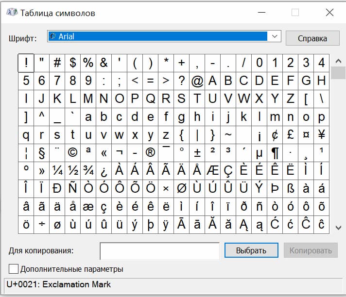  Таблица символов Unicode для Windows