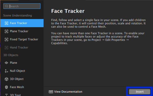 Нажмите на кнопку «Face Tracker», а затем «Insert»