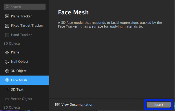 Выберите пункт «Face Mesh», а затем «Insert»