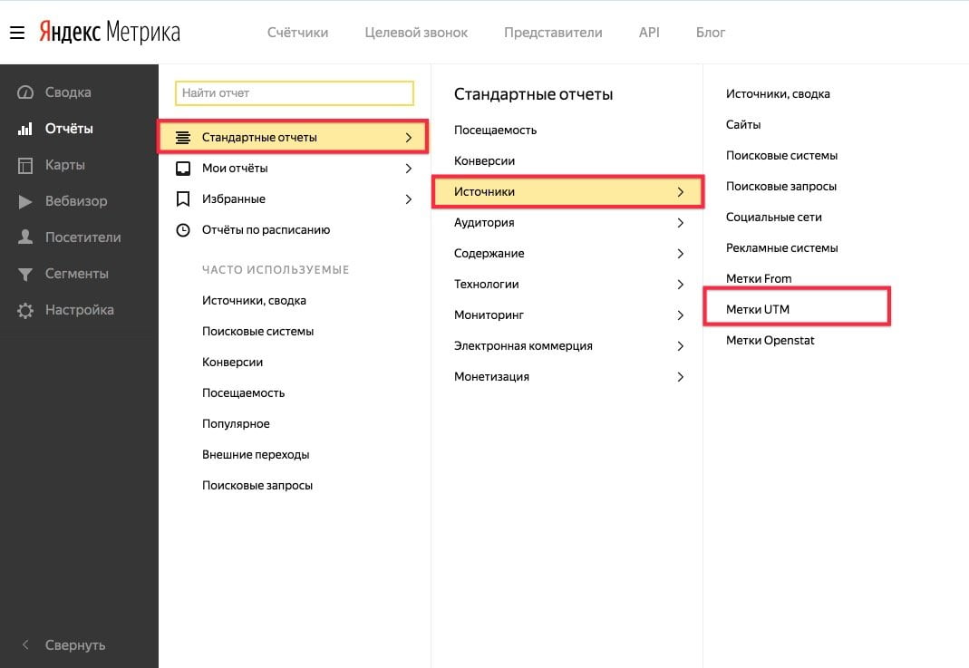 Так можно найти аналитику, собранную utm-метками, в Яндекс.Метрике
