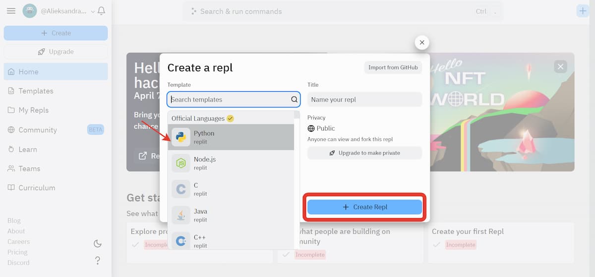 После того как авторизуетесь, нажмите на кнопку «Create», выберите язык Python и кликнете на «Create Repl»
